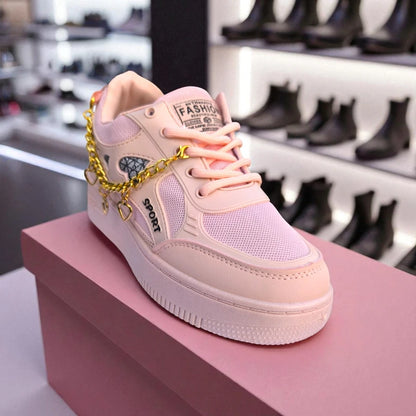 227 – Pink Sneakers with Heart Charms & Gold Chain – কিউট, স্টাইলিশ মেয়েদের জন্য একদম পারফেক্ট
