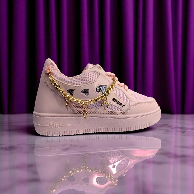 227 – Pink Sneakers with Heart Charms & Gold Chain – কিউট, স্টাইলিশ মেয়েদের জন্য একদম পারফেক্ট