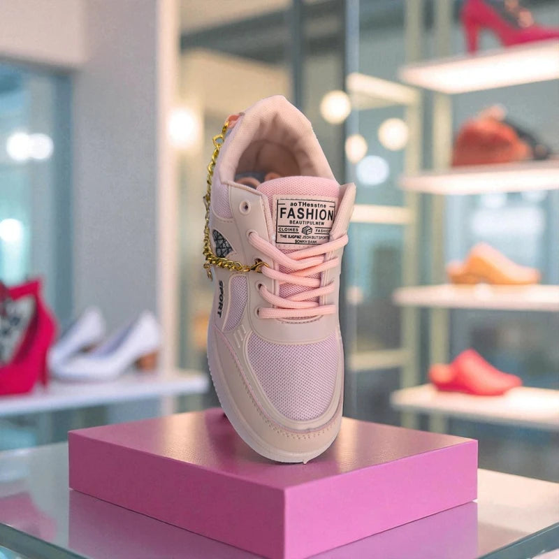 227 – Pink Sneakers with Heart Charms & Gold Chain – কিউট, স্টাইলিশ মেয়েদের জন্য একদম পারফেক্ট