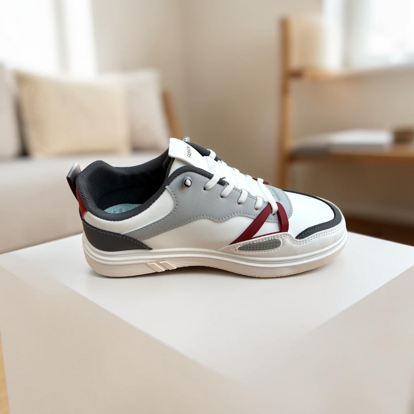 Men’s Premium White Grey Casual Sneakers with Red Accent – 323 Gray