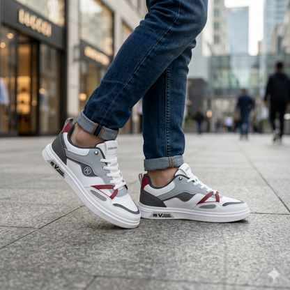 Men’s Premium White Grey Casual Sneakers with Red Accent – 323 Gray