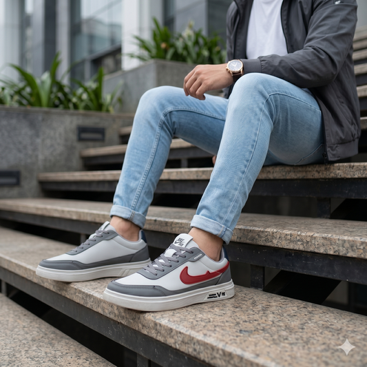 Men’s Premium Grey Casual Sneakers with Red Accent – 326 Gray