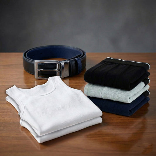 পুরুষদের ডেইলি ইউজ কম্বো অফার – ২ পিস স্যান্ডো গেঞ্জি + ডাবল কালার বেল্ট + ৩ পিস কটন বক্সার